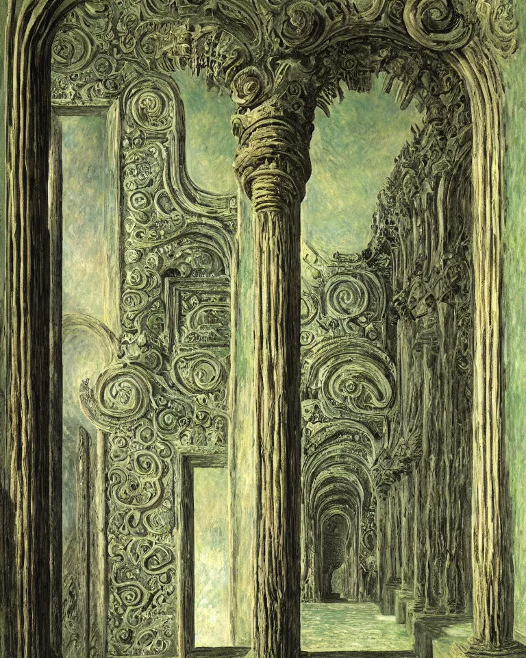 Prompt: achingly beautiful painting of intricate ancient giger columns and epic giger door on jade background by rene magritte, monet, and turner. giovanni battista piranesi. giuseppe sacconi, ettore ferrari, manfredo manfredi, gaetano koch, pio piacentini