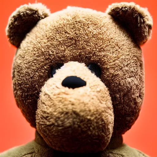 Image similar to cinematic photograph of Kanye West as a anthropomorphic teddy bear, close up, portrait, shallow depth of field, 40mm lens, gritty, textures