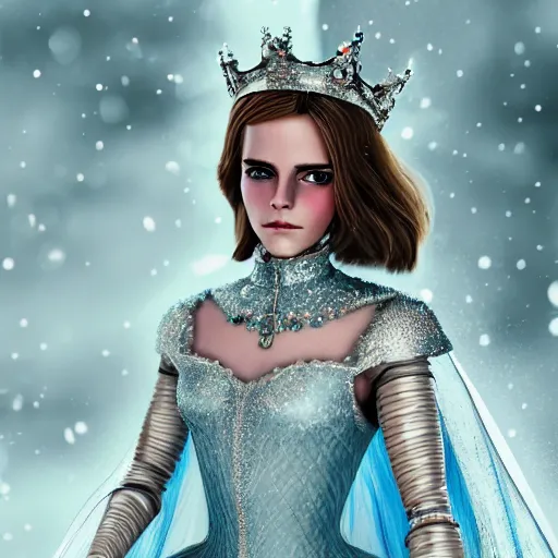 Image similar to Portrait shot, Emma Watson as the Queen of Ice, Ice crystal armor, snow falling, 4k, digital art, trending on art station, hd, doll, colorful backdrop, film grain, gritty, high res, high detail, 8k, render