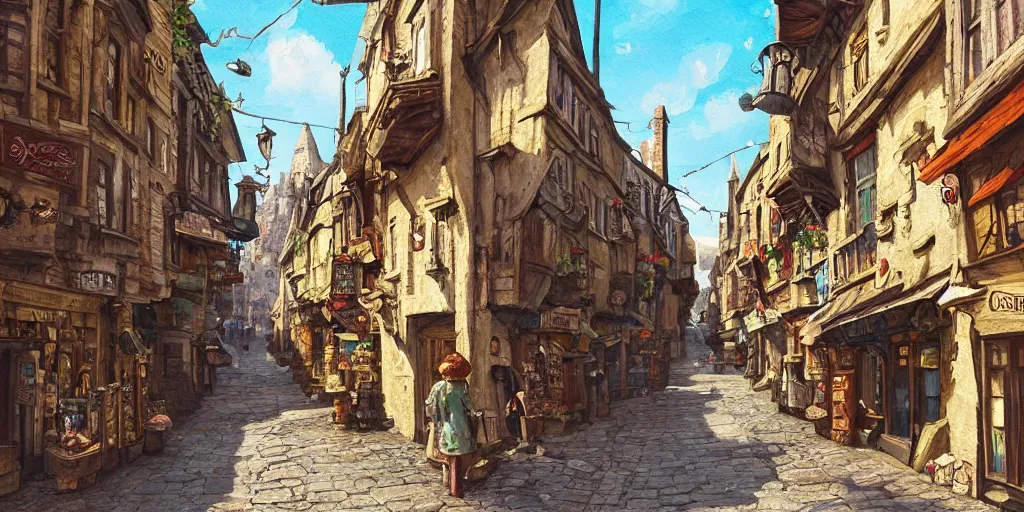 Prompt: a busy fantasy street looking down one street within a fascinating old city, quirky shops, narrow streets, old buildings, cobblestones on the ground, stone steps, street life, by Sylvain Sarrailh, single street, cinematic, simple but effective composition, clean lines, beautiful digital painting, oil painting, detailed, dungeons and dragons, lord of the rings