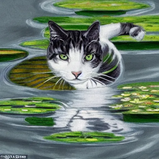 Image similar to a white black and grey tabby cat with a black and grey striped head, stretching on a lilypad floating on a lake, in the style of Water Lilies painting by Monet