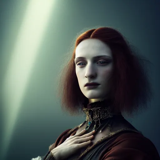 Image similar to photographic portrait of a stunningly beautiful female renaissance witch, dark moody clouds, god rays, contemporary fashion shoot, by edward robert hughes, annie leibovitz and steve mccurry, david lazar, jimmy nelsson, breathtaking, 8 k resolution, extremely detailed, establishing shot, artistic, hyperrealistic, perfect face, octane render