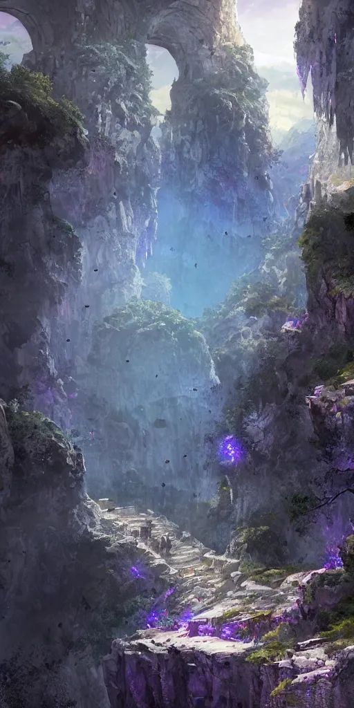 Image similar to Gorge in the mountain, white stone temple ruins, night dramatic lighting, blue and purple tones, wide camera angle, matte painting, trending on ArtStation, concept art, delightful surroundings, high detail