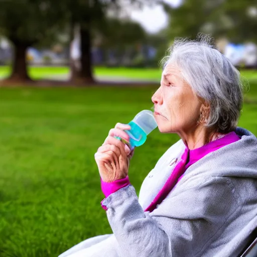 Image similar to an older woman sitting in a park. under her nose is a thin translucent tube connected to an oxygen tank, 4 k,