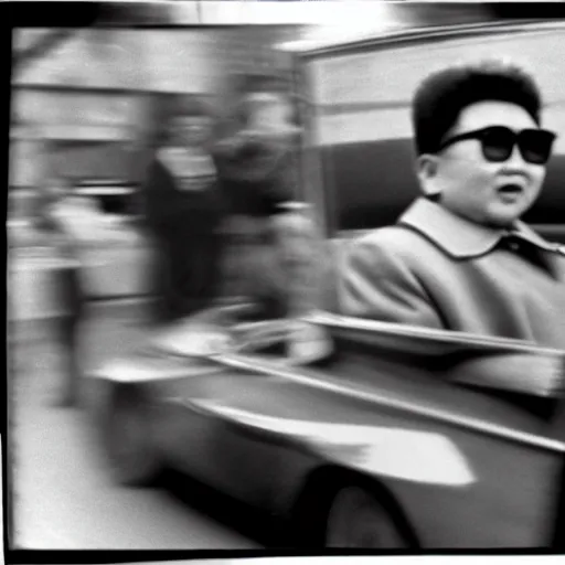 Image similar to 1960s press archive of middle-aged Kim Jong-il coming out of a car, face obscured, Reuters, 35mm film, film grain, mysterious exterior, underexposed