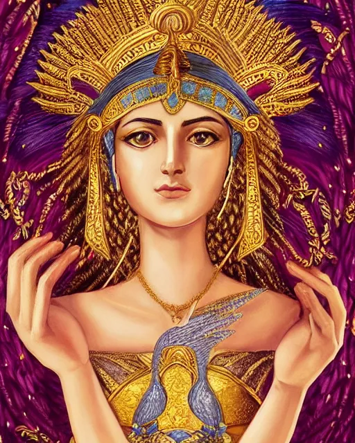 Image similar to Athena as a mesopotamian goddess of fertility, very detailed eyes, realistic eyes, , extremely beautiful, marvelous eyes, dawn, halo, flowers and plants, gold, intricated design, very detailed and rich clothing ,vivid color.digital 2D, painterly style, cinematic matte Illustration,trending on pixiv and artstation.Fantastic depth-of-field effect in Bacnground.Fine particles fluttering in the air. anime wallpaper，Sunlight on the face.by Wlop,Mika Pikazo，米山舞，Yoneyama Mai，Makoto Shinkai, VOFAN