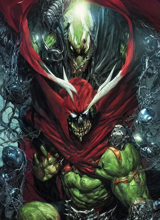 Image similar to first issue of spawn comic book cover art, au naturel, hyper detailed, digital art, trending in artstation, cinematic lighting, studio quality, smooth render, unreal engine 5 rendered, octane rendered, art style by klimt and nixeu and ian sprigger and wlop and krenz cushart