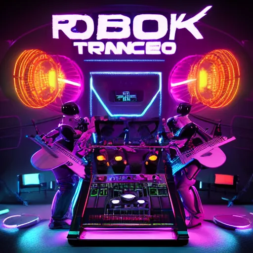 Image similar to album art, the band name is robo rock, trance music band with 3 steampunk robots on a dj desk with a cd mixer, 8 k, flourescent colors, halluzinogenic, multicolored, exaggerated detailed, front shot, 3 d render, octane