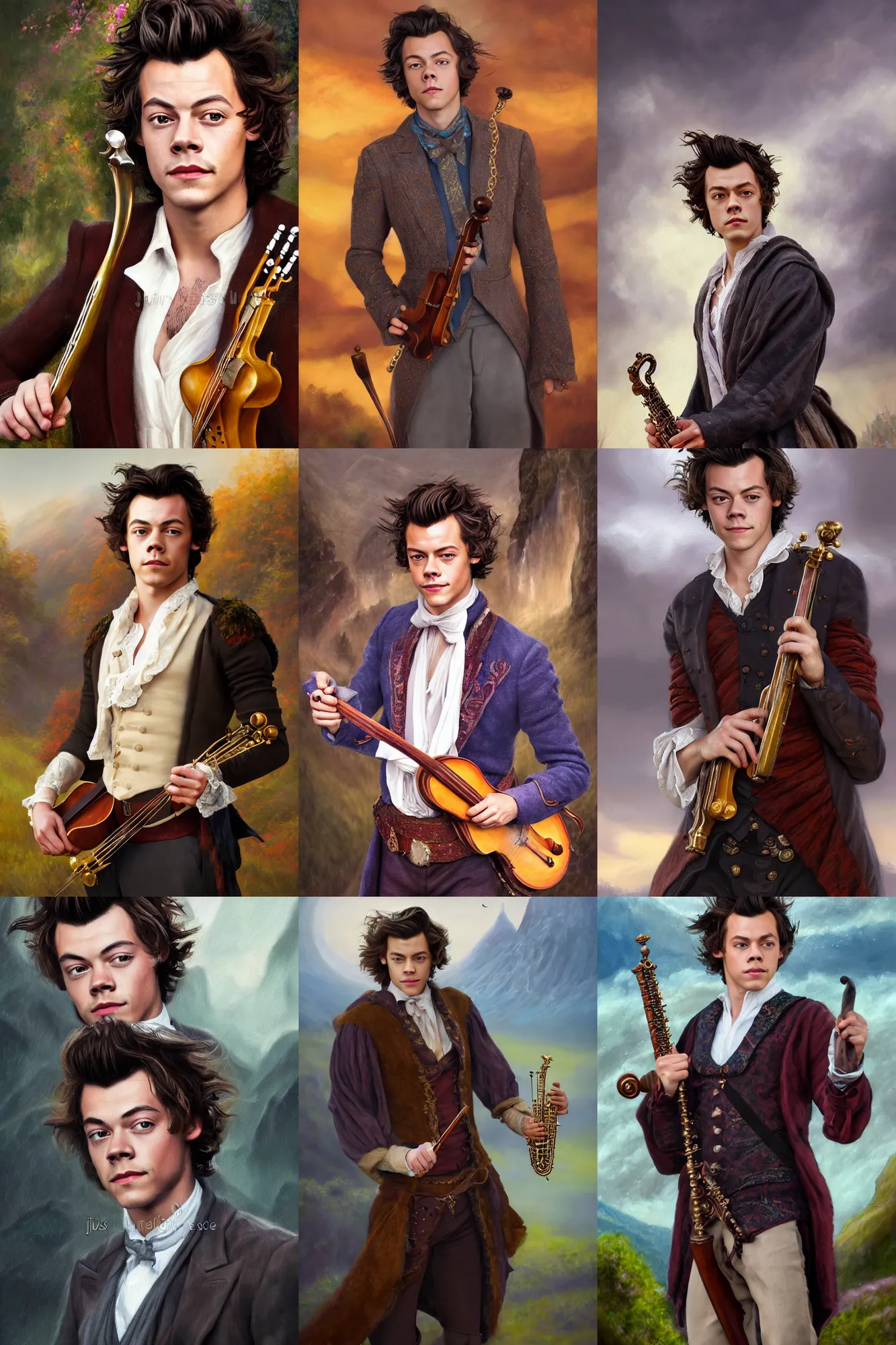 Image similar to a full body high detail fantasy portrait oil painting illustration of harry styles as elegant male bard by justin sweet with face and body clearly visible, in a scenic background, pupils visible, realistic proportions, d & d, rpg, forgotten realms, artstation trending, high quality, sombre mood, artstation trending, muted colours, entire person visible!