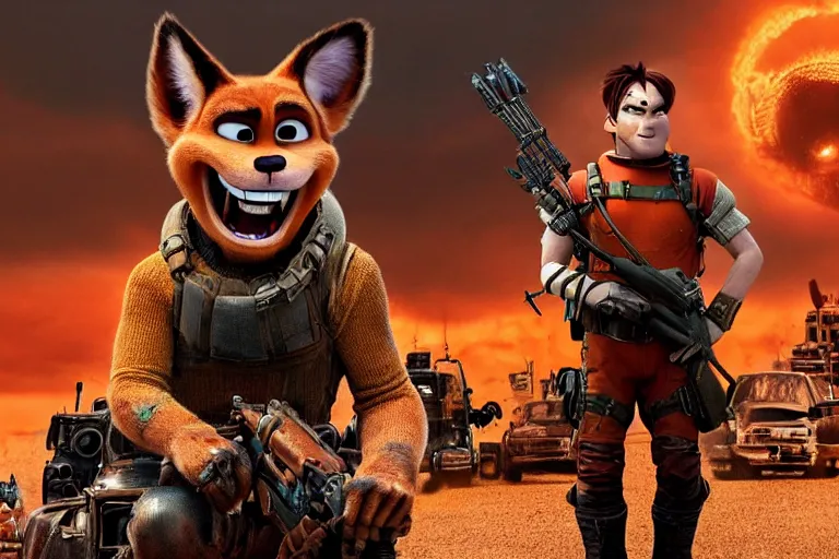 Image similar to nick wilde, heavily armed and armored facing down armageddon in a dark and gritty reboot from the makers of mad max : fury road