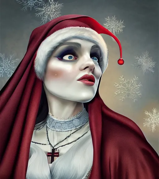 Image similar to beautiful female character inspired by venice carnival, christmas and nun | | digital artwork made by greg rutswork, anna dittmann, rosdraws and lois van barlee, symmetrical, anatomically correct, tongue out