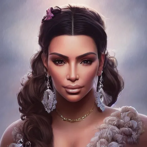 Image similar to portrait of a beautiful thick female, alexandria ortega cortez face, kim kardashian body, D&D, fantasy, intricate, elegant, highly detailed, digital painting, artstation, concept art, smooth, sharp focus, illustration, art by artgerm and greg rutkowski and alphonse mucha