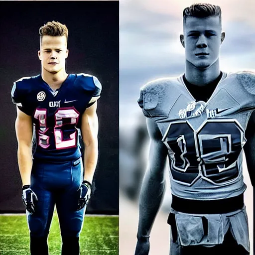 Image similar to “ a realistic detailed photo of a guy who is an attractive humanoid who is half robot and half humanoid, who is a male android, football player christian mccaffrey, shiny skin, posing like a statue, blank stare, on the field, on display ”