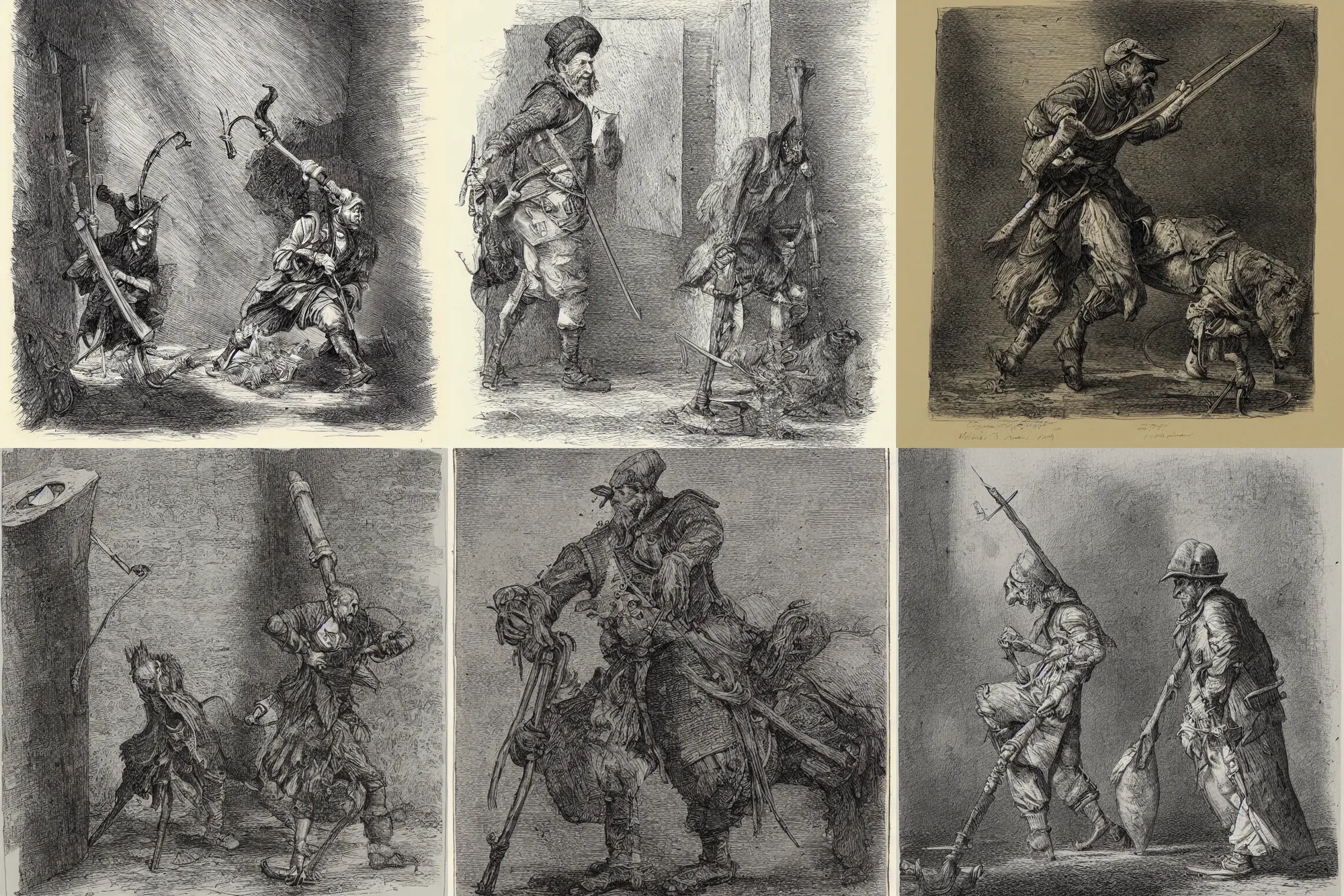 Prompt: a pen and ink wash mounted corner illustration of a rat catcher with a wooden leg by gustave dore, john blanche, ian miller, highly detailed, strong shadows, depth