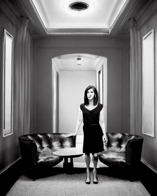 Prompt: award winning photo of Alyson Hannigan, chesterfield lounge, symmetrical face, beautiful eyes, studio lighting, wide shot art by Sally Mann & Arnold Newman