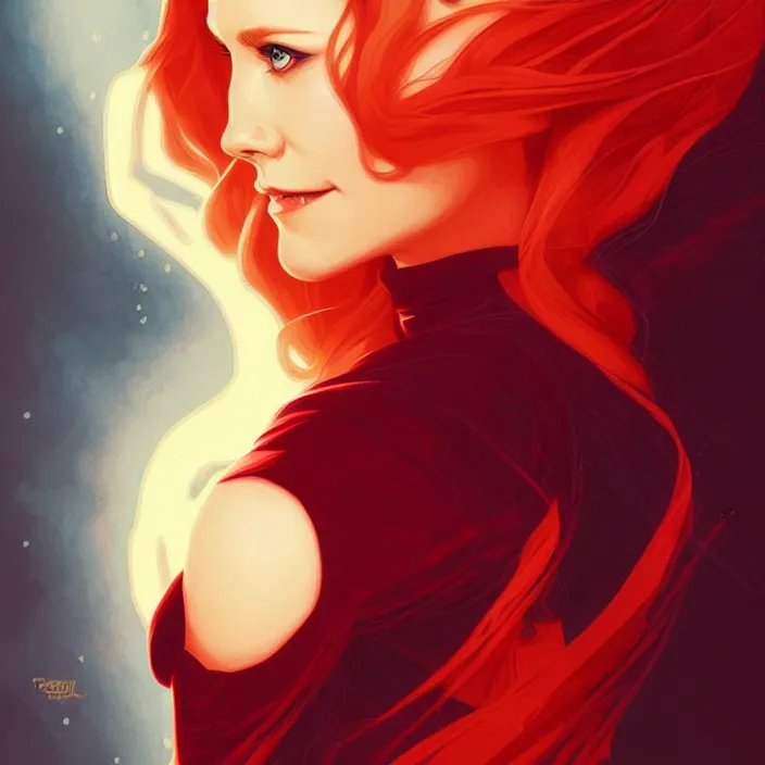 Image similar to style artgerm, joshua middleton, beautiful kristen bell with dark red dress, very long orange hair, symmetrical face, symmetrical eyes, fire powers fire swirling, detailed, volcano setting, cinematic lighting