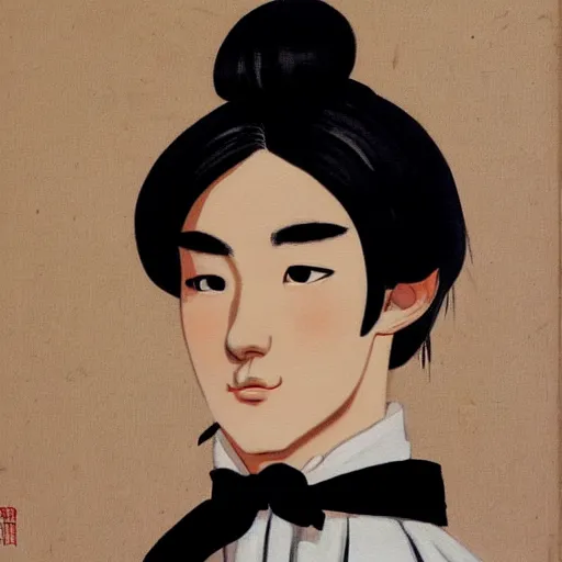 Image similar to painting of grumpy handsome beautiful man in his 2 0 s named min - jun in a french female maid outfit, modern clothing, elegant, clear, painting, stylized, delicate facial features, soft but grumpy, highly detailed, art, art by egon yamamoto