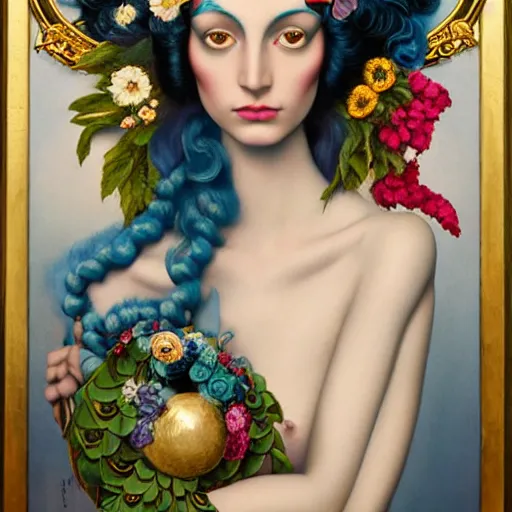 Prompt: centered composition, a painting of a blue skinned woman with hair of flowers and peacock plummage wearing ornate earrings, a surrealist painting by tom bagshaw and jacek yerga and tamara de lempicka and jesse king, featured on cgsociety, pop surrealism, surrealist, dramatic lighting, wiccan, pre - raphaelite, ornate gilded details