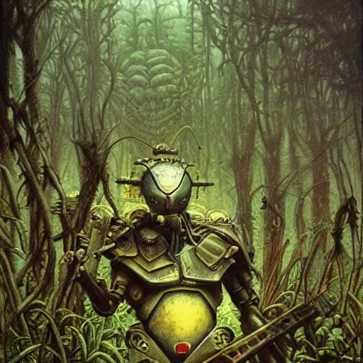 Image similar to a hyperrealistic painting of a cybernetic warrior in the middle of an alien jungle, by john kenn mortensen and zdzislaw beksinski, highly detailed, vivid color,