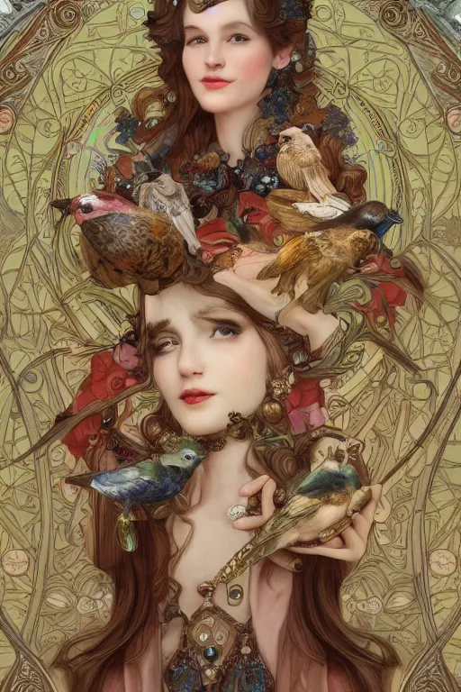 Image similar to face 3 d render of english princess holding birds, ornaments, mucha vibe, dieselpunk, solarpunk, artstation