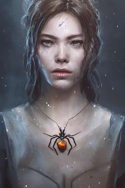 Image similar to A beuatiful portrait of a women wearing a spider pendent by Greg Rutkowski, Sung Choi, Mitchell Mohrhauser, Maciej Kuciara, Johnson Ting, Maxim Verehin, Peter Konig, Resident evil , 8k photorealistic, cinematic lighting, HD, high details, dramatic, atmospheric , trending on artstation