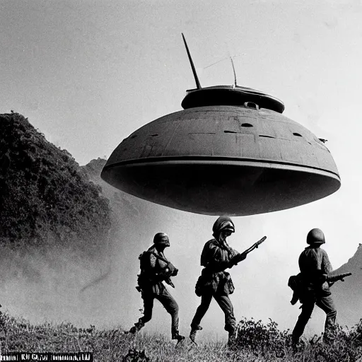 Image similar to vietnam war soldiers in combat with flying saucer, hilly terrain, helicopters, shot on 1 9 7 0 s film