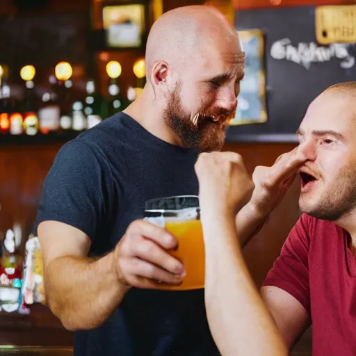Image similar to 90mm color photo of a man slapping another man at the local pub