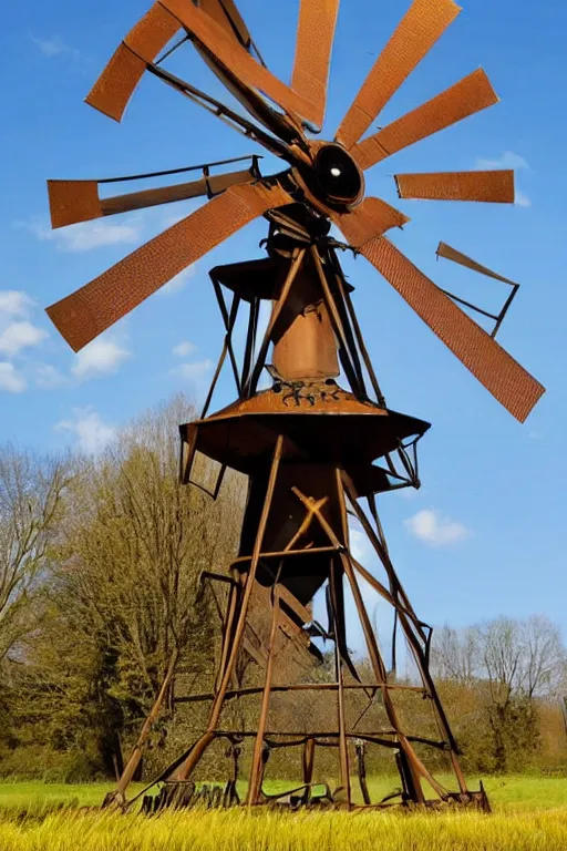 Prompt: a huge steampunk windmill in a field, detailed