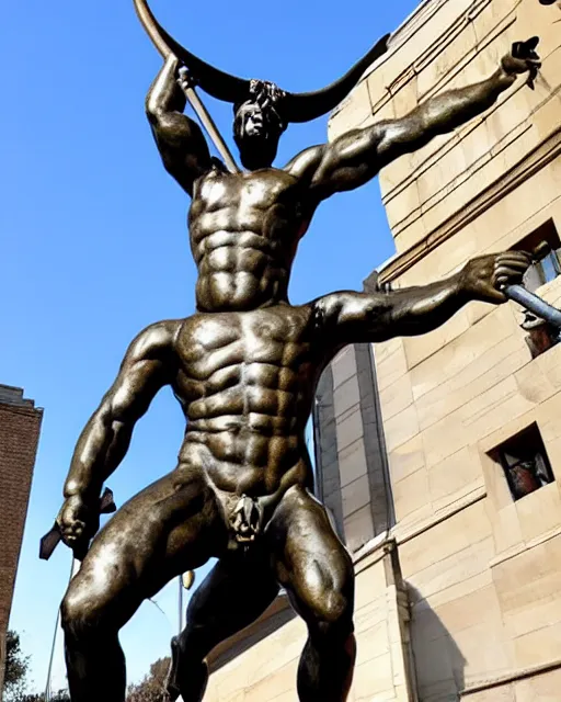 Image similar to a giant bronze statue of a minotaur, bull man hybrid being holding a spear and shield