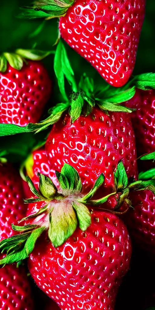 Image similar to a extreme macro photo of a strawberry, hyper realistic, hyper detailed, 35mm, very grainy film, pink volumetric studio lighting, bokeh, black background award winning shot, vogue magazine, cinematic, 8k, very closeup, elegant, tender, pastel W 1024