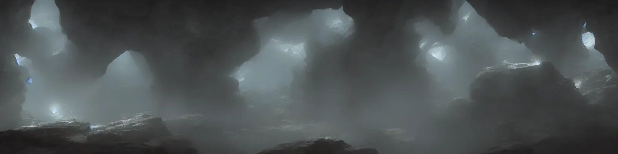 Image similar to huge stone cave with cinematic lighting in the style of Limbo, highly detailed, digital art 4k, 8k