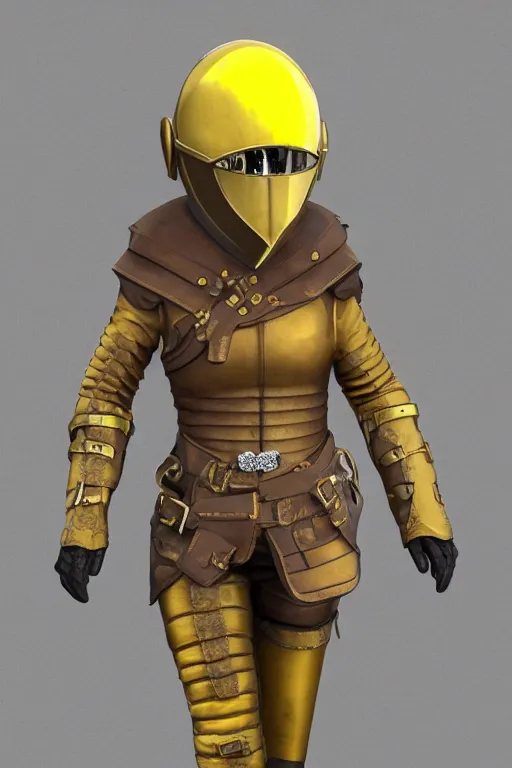 Image similar to female adventurer in tight full - body canary yellow gambeson leather armor of italian design with diamond pattern and brown leather accents and a closed armet helmet with white porcelain swan mask, trending in artstation, establishing shot