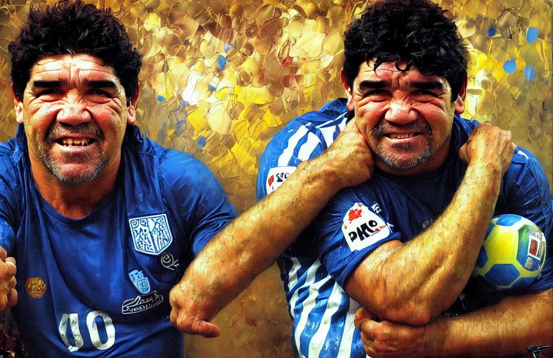 Image similar to portrait of diego maradona!!!!!!!!!!!!!!!!!!!!!!!!!!!, detailed face, detailed painting, epic lighting, by ilya repin, phil hale and kent williams