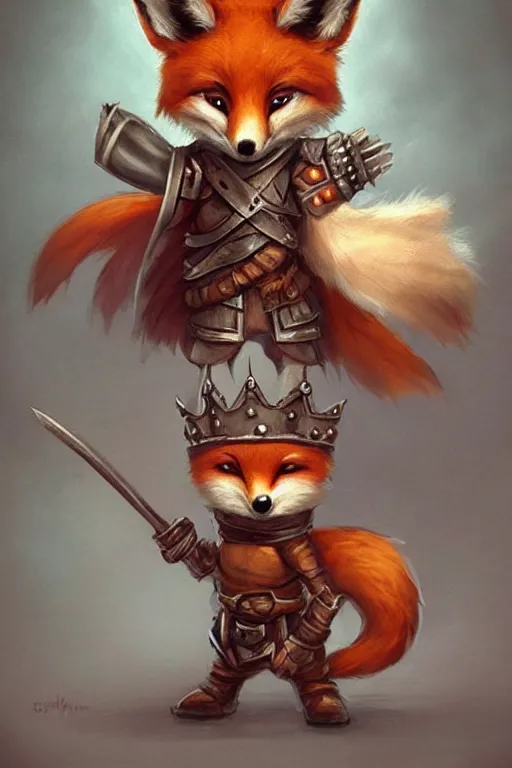 Image similar to cute little anthropomorphic foxy knight wearing a cape and a crown, tiny, small, miniature fox, baby animal, short, pale blue armor, cute and adorable, pretty, beautiful, DnD character art portrait, matte fantasy painting, DeviantArt Artstation, by Jason Felix by Steve Argyle by Tyler Jacobson by Peter Mohrbacher, cinematic lighting