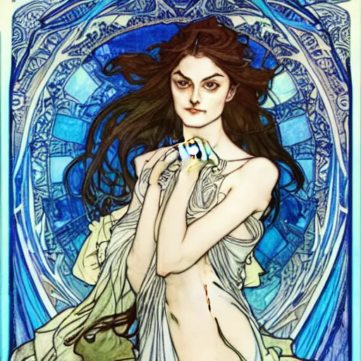 Image similar to in the style of artgerm, arthur rackham, alphonse mucha, phoebe tonkin, symmetrical eyes, symmetrical face, flowing blue skirt, hair blowing, intricate filagree, hidden hands, warm colors, cool offset colors