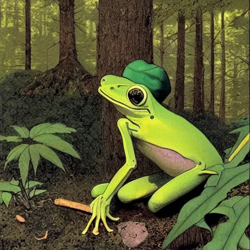 Prompt: frog with bucket hat squatting in the forest. plane in the sky far away. artwork by moebius, georges de la tour