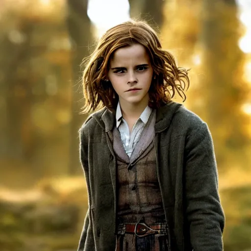 Image similar to Photograph of Emma Watson as Hermione Granger. Prisoner of Azkaban. During golden hour. Extremely detailed. Beautiful. 4K. Award winning.