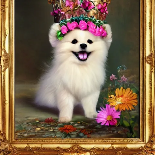 Prompt: anthromorphic fluffy pomeranian puppy dressed in princess robe and flower crown, detailed 4 k oil painting