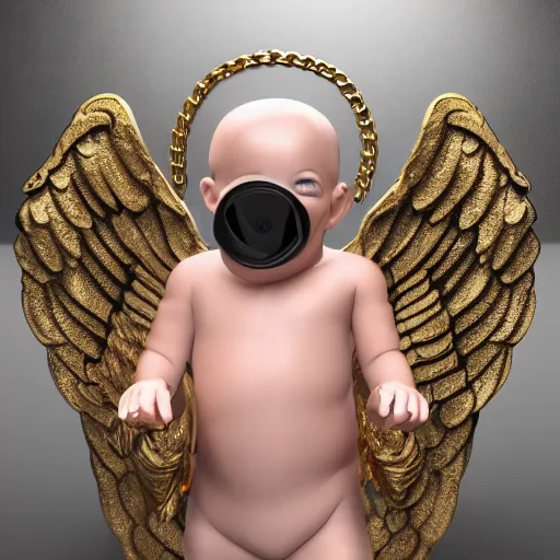 Prompt: a high tech 3 d rendering of a a baby cherub angel wearing a balaclava face mask, ski mask, face covered, covered face, fixed eyes, gucci, supreme, chanel, tattoos, multiple gold cuban chain necklace, graffiti in background, cinema 4 d, very detailed, clear, render