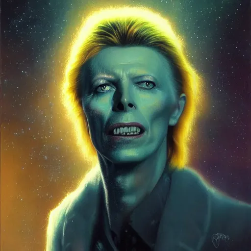 Image similar to UHD tonalism cosmic painting of David Bowie, by Antonio Caparo and Ferdinand Knab and Greg Rutkowski, UHD, photorealistic, trending on artstation, trending on deviantart