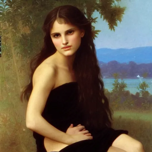 Image similar to Painting of young Natalie Portman. Art by william adolphe bouguereau. During golden hour. Extremely detailed. Beautiful. 4K. Award winning.