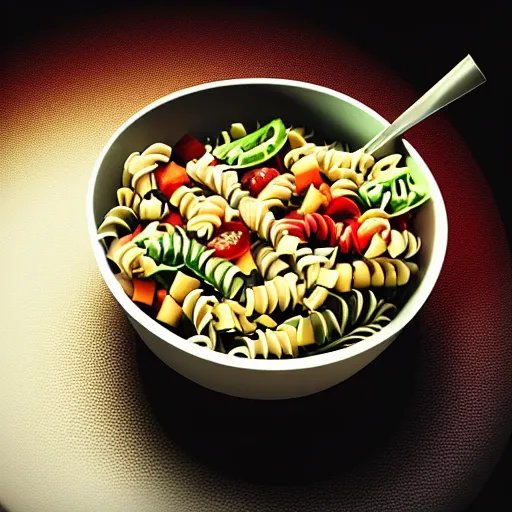 Image similar to a bunch of random food in a bowl to make some kind of pasta salad, half empty pint of beer, realistic lighting, realistic reflections