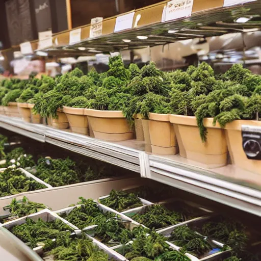 Prompt: bustling small shop neatly organised retail cannabis leaves in cute designer planters, aussie, environment portrait ink drawn by steve hanks, australia video game still render by pixar