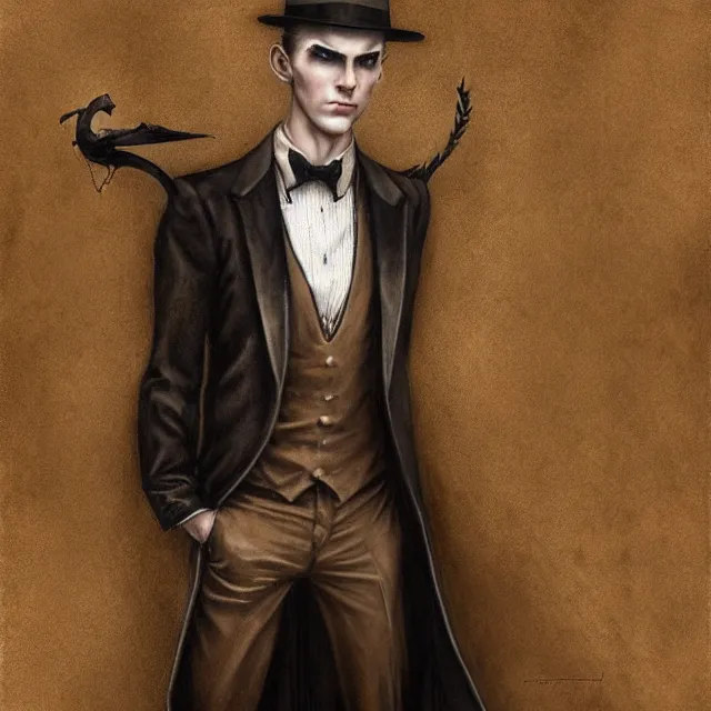 Prompt: photorealistic sepia full - head portrait of a 1 9 2 0 s era smirking male occultist, well dressed, long - tailed tuxedo coat, atmospheric lighting, dark, brooding, painted, intricate by tom bagshaw, ultra detailed, well composed, best on artstation, cgsociety, epic, stunning, gorgeous, intricate detail, much wow, masterpiece