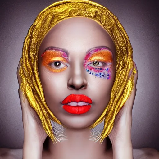 Image similar to Woman with colored face, standing in gold foil, her face in discs, she has a diamond eye, orange lips photorealism