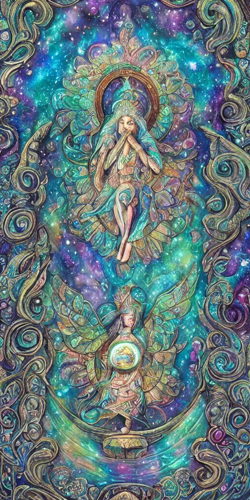 Image similar to intricate colourfully painted carved Soapstone relief paneling, iridescent, pearl and pale blue toned, celestial, cosmos, galaxies, planets, divinity, moon goddess, mother earth, Earth Goddess mythology, Gaia, angels, dream atmosphere, bright colors, vivid colors, Ghostly, crystaline celtic, insanly detailed , artstation, wallpaper, hyper realistic, realistic lighting