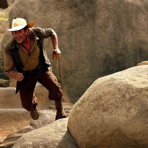 Prompt: Indiana Jones running from rolling boulder trap in ancient temple movie scene