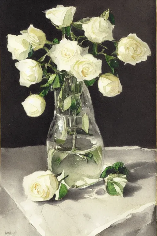 Prompt: white roses and glass vass and apple, water color, dramatic lighting, still life by morandi, detailed