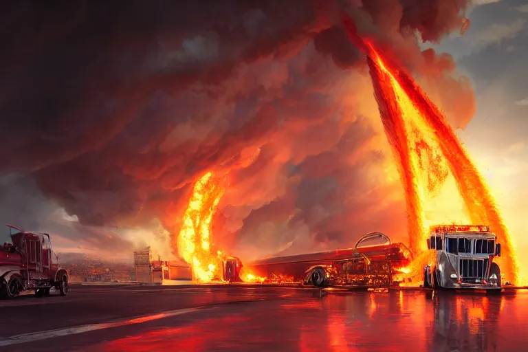 Image similar to a fire tornado picking up a tanker truck as it explodes, matte painting, long shot, concept art, wide shot, digital art, trending on artstation, 4 k, extremely detailed, realistic, midday, warm colors, golden sunlight, by greg rutkowski, cinematic, epic