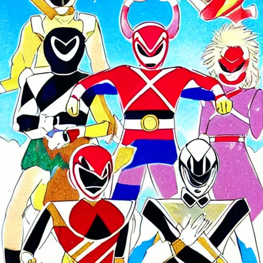 Prompt: Mighty Morphin Power Rangers as illustrated by Naoko Takeuchi. 1993.